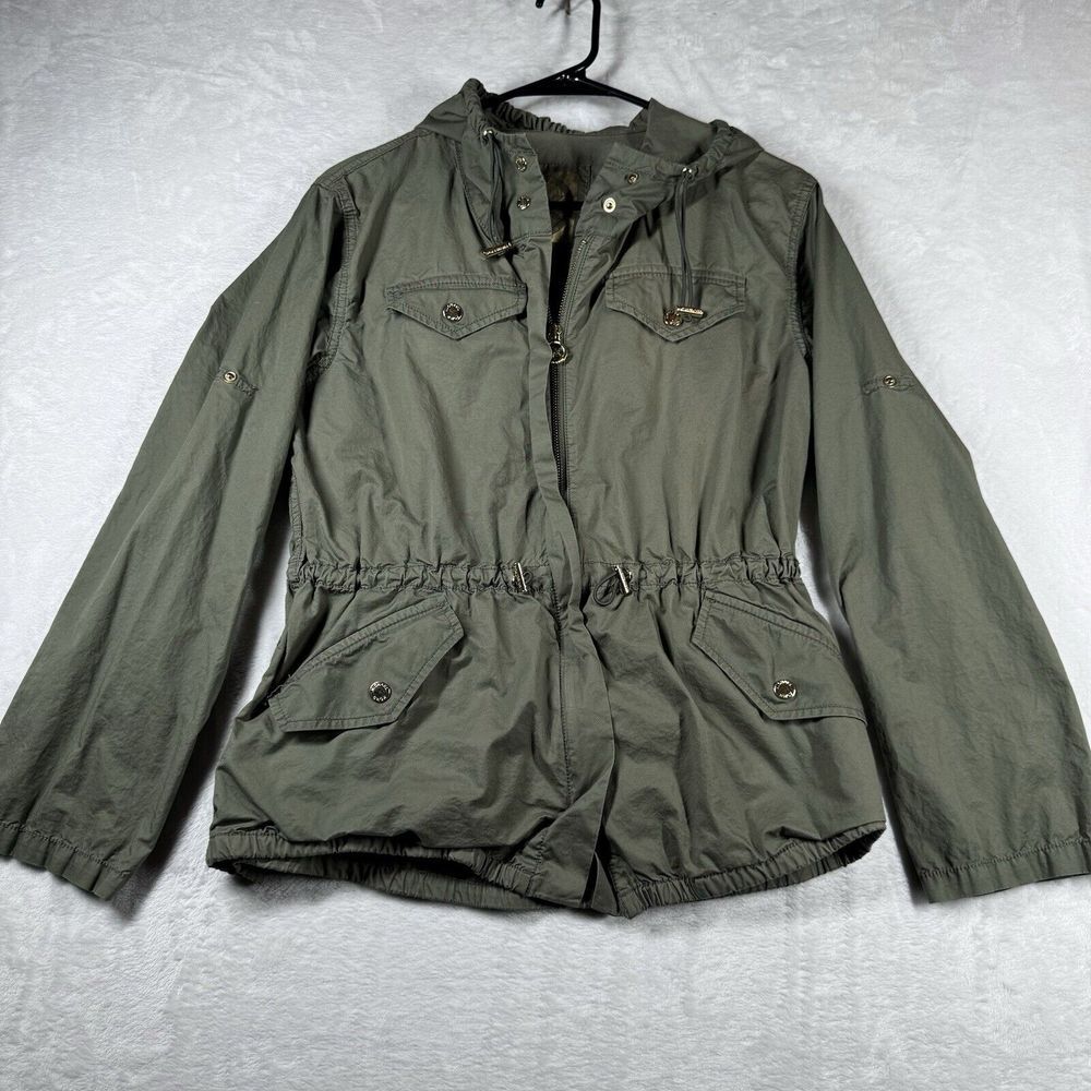 Michael Kors Hooded Anorak Green Jacket‎ Size XS Water Resistant Gold Trim